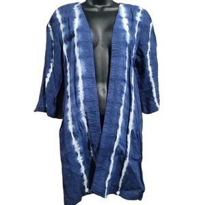 Chico's Linen Kimono Open Front Cardigan 0/2P Blue & White Tie Dye Coastal Beach